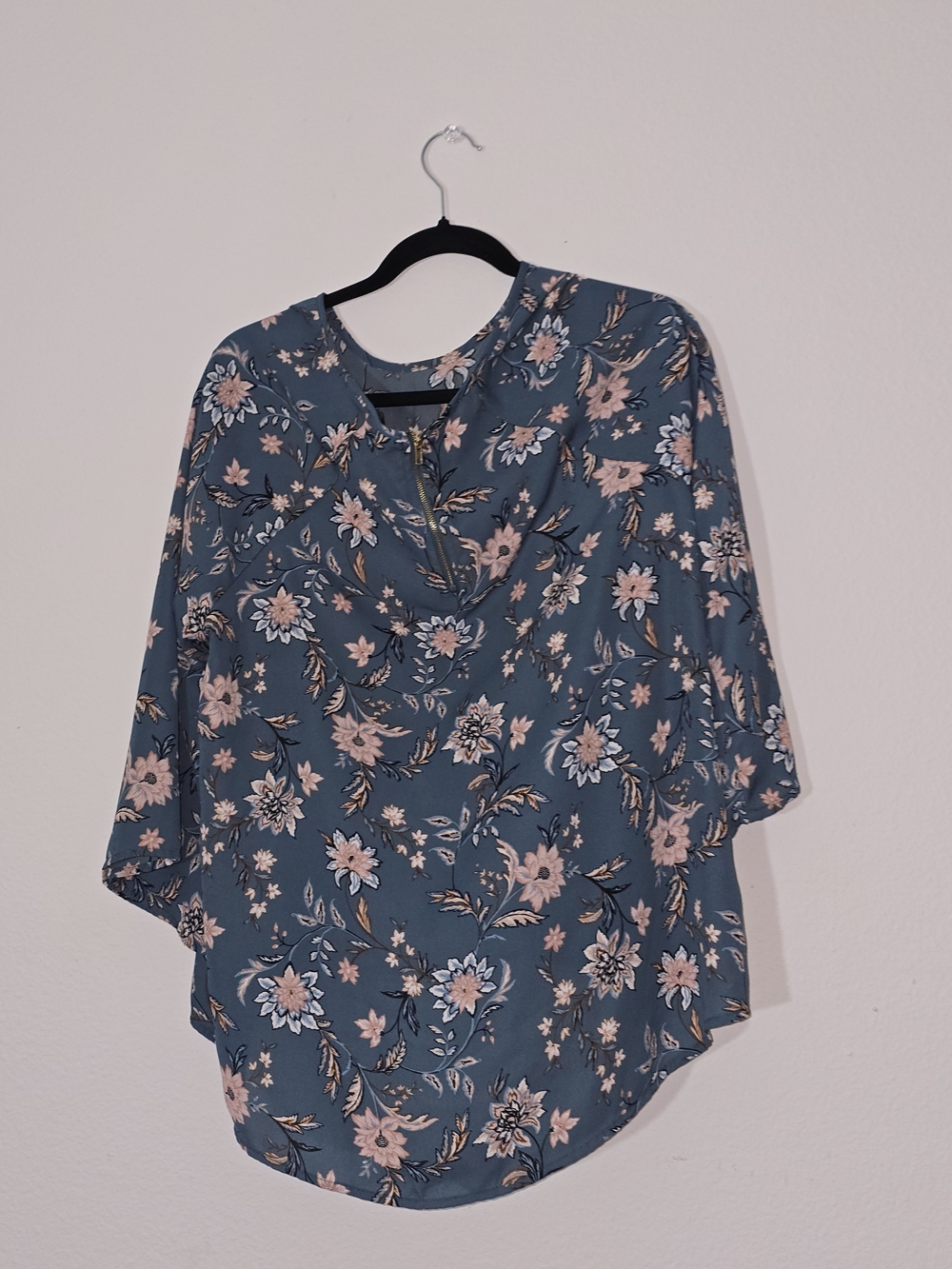 Papermoon Teal Floral V-Neck Blouse with Pink Accents